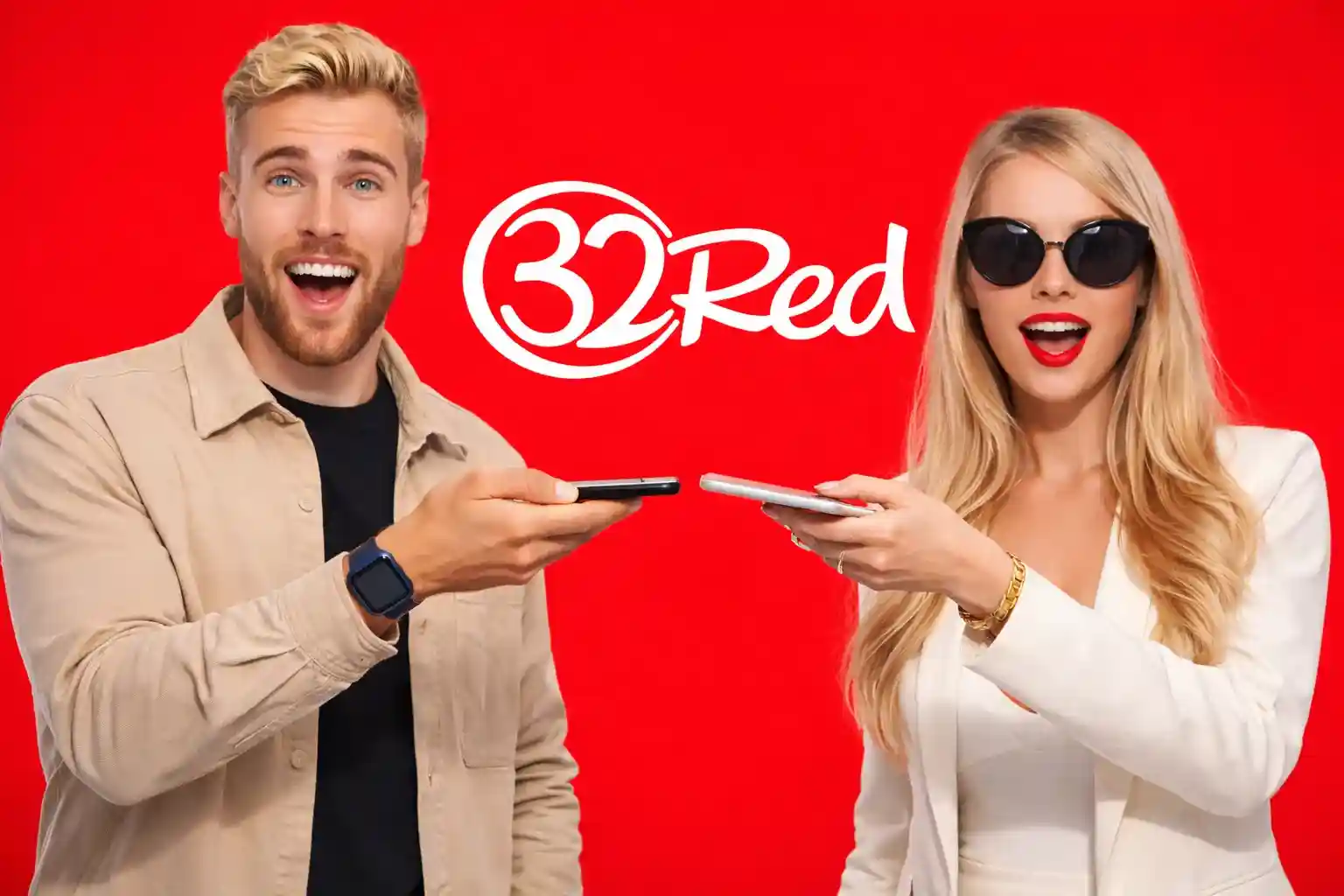 Two players exchanging smartphones on red background representing online betting