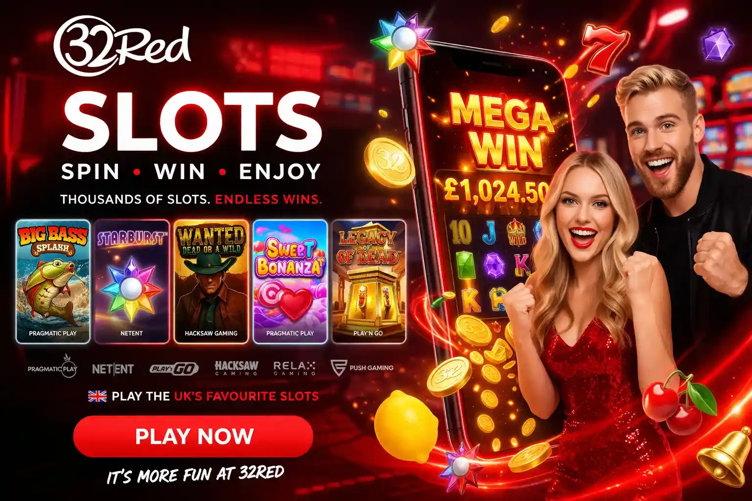 Players celebrating big slots win with mobile slot machine screen