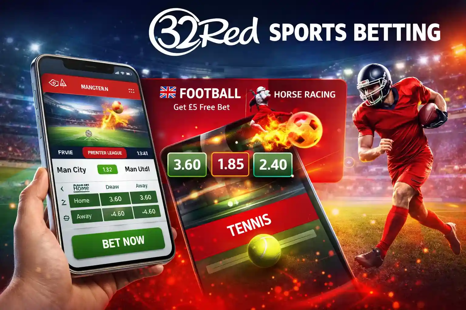 Mobile betting interface with football odds and player on stadium background